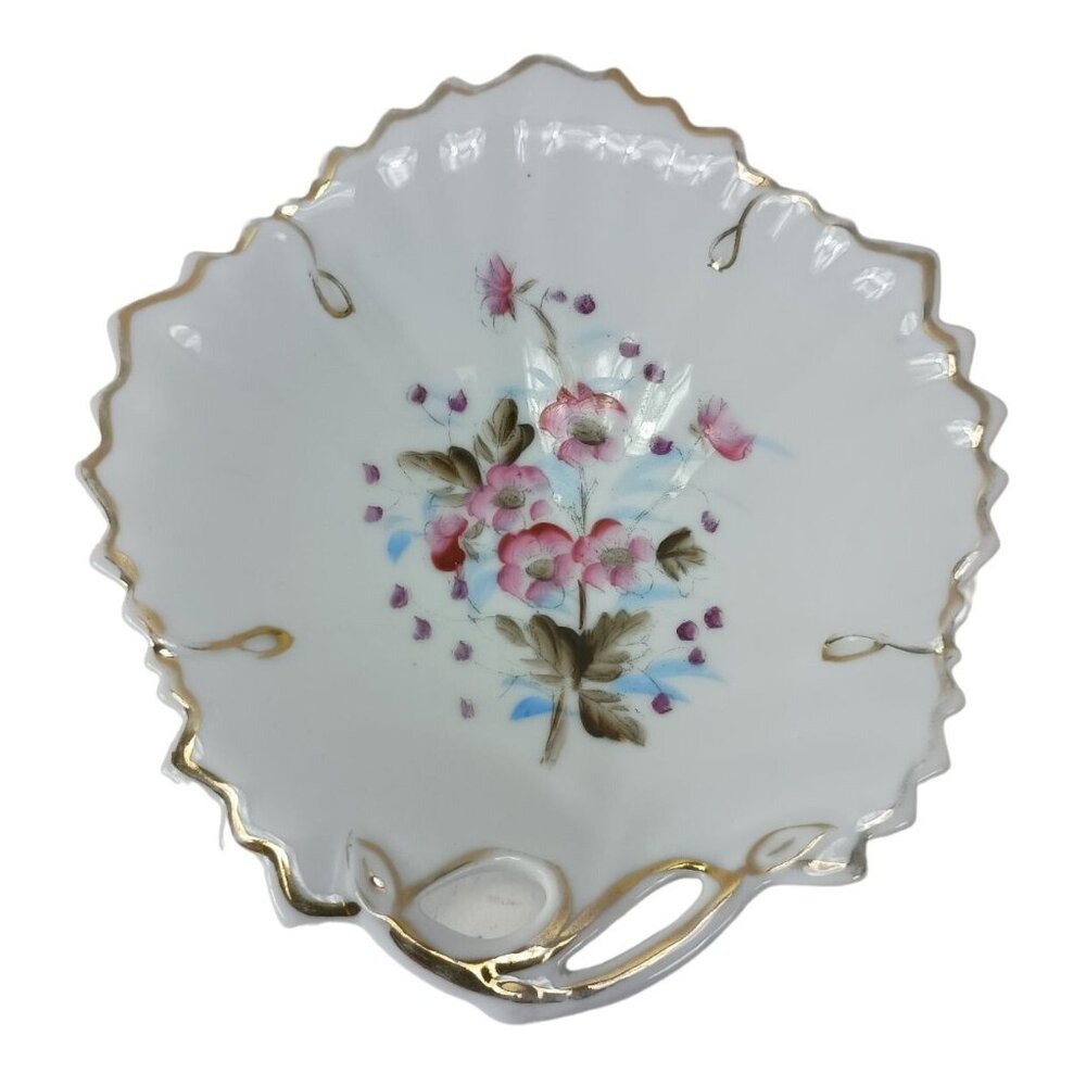 Hand Painted Leaf Shape Trinket Candy Dish floral Vintage
